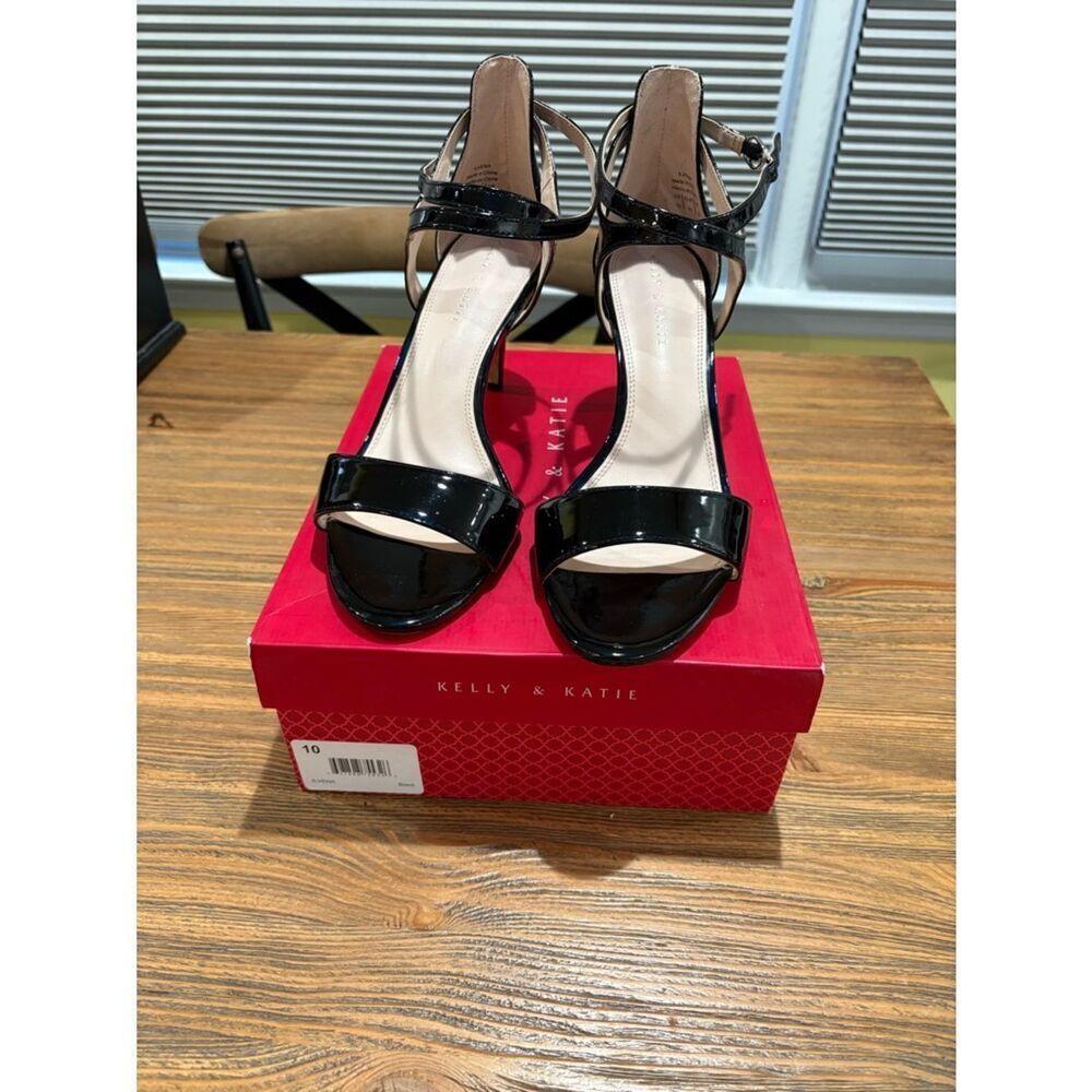 Kelly & Katie Black Patent Open-Toe Ankle Strap Heels